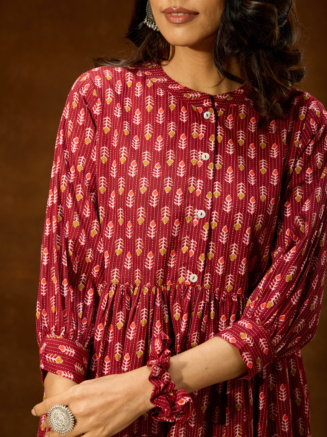 Ninnique Women's Maroon Pure Cotton Ethnic Motifs Printed Peplum Co-ord Set