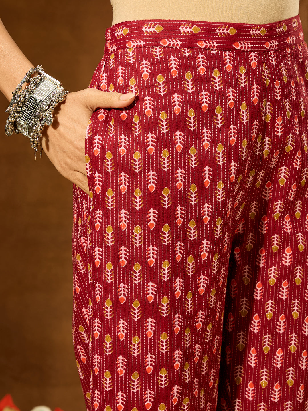 Ninnique Women's Maroon Pure Cotton Ethnic Motifs Printed Peplum Co-ord Set