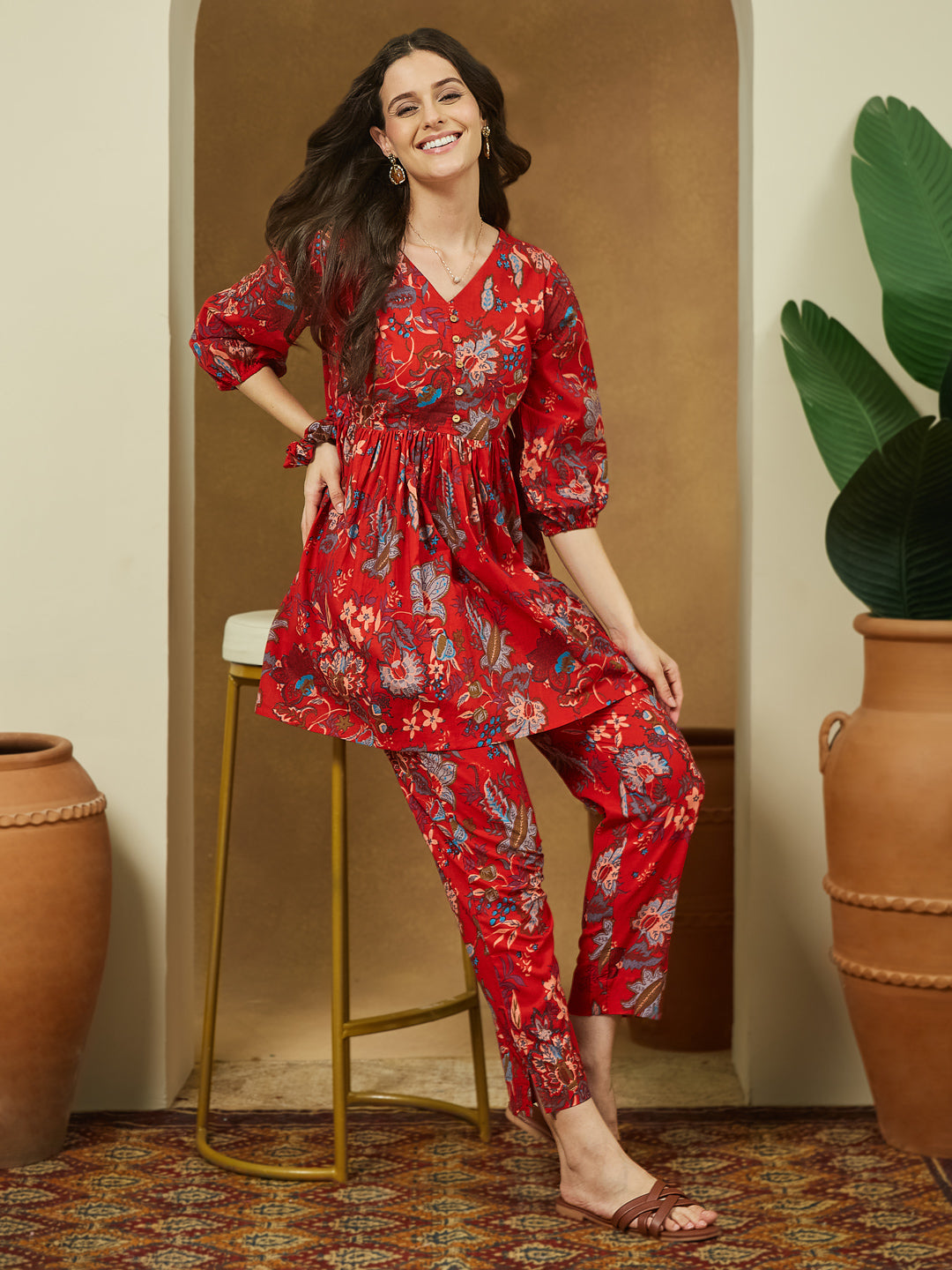 Ninnique Women's Red Pure Cotton Floral Printed Peplum Co-ord Set