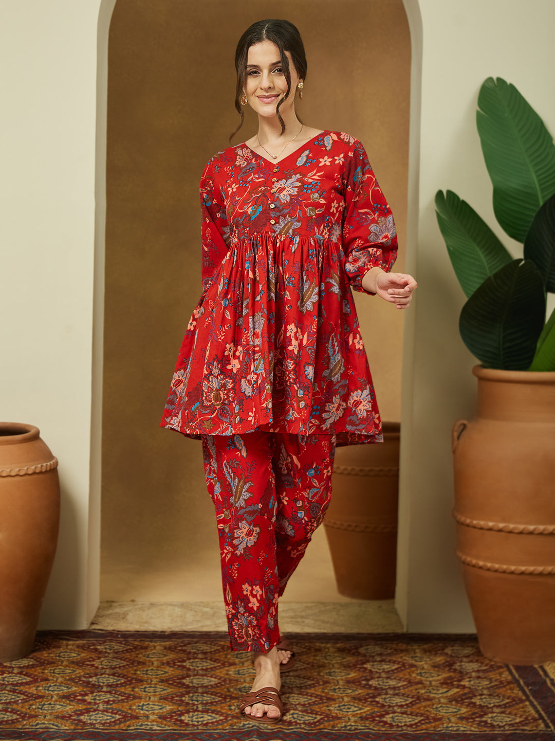 Ninnique Women's Red Pure Cotton Floral Printed Peplum Co-ord Set