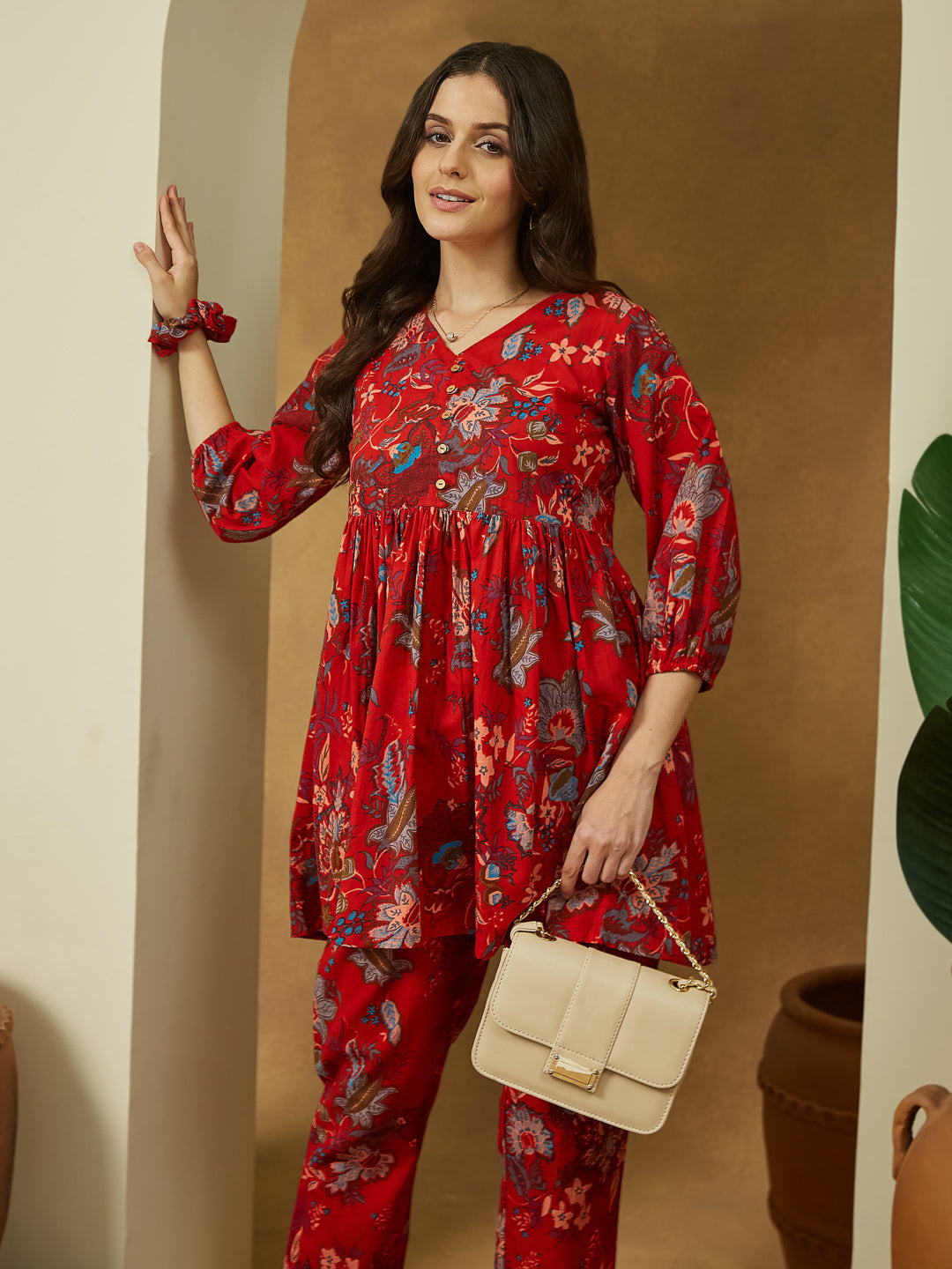 Ninnique Women's Red Pure Cotton Floral Printed Peplum Co-ord Set