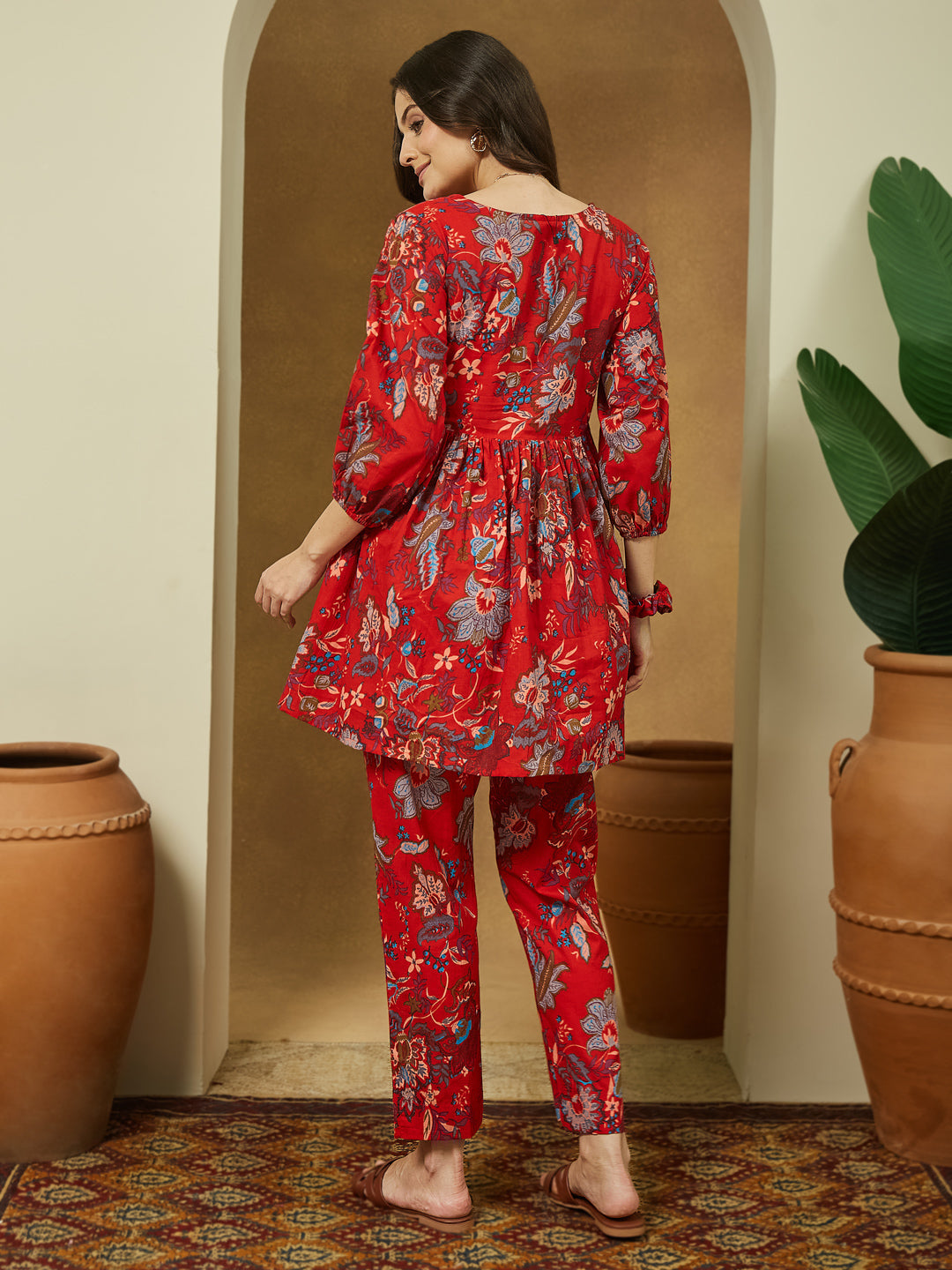 Ninnique Women's Red Pure Cotton Floral Printed Peplum Co-ord Set