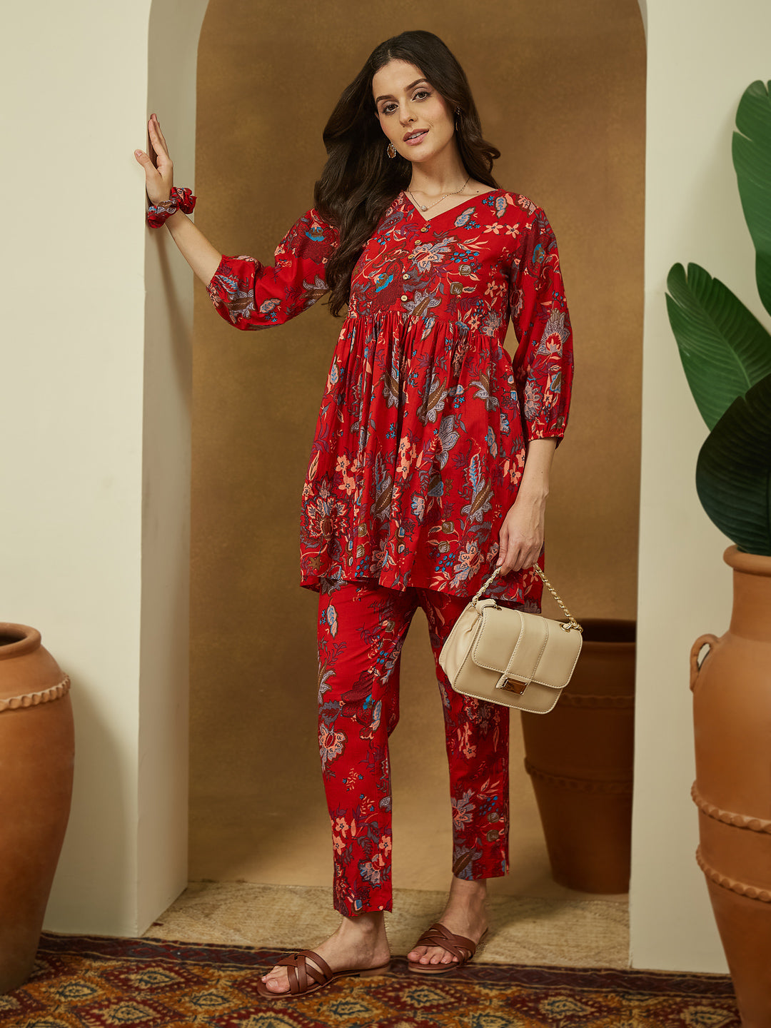 Ninnique Women's Red Pure Cotton Floral Printed Peplum Co-ord Set