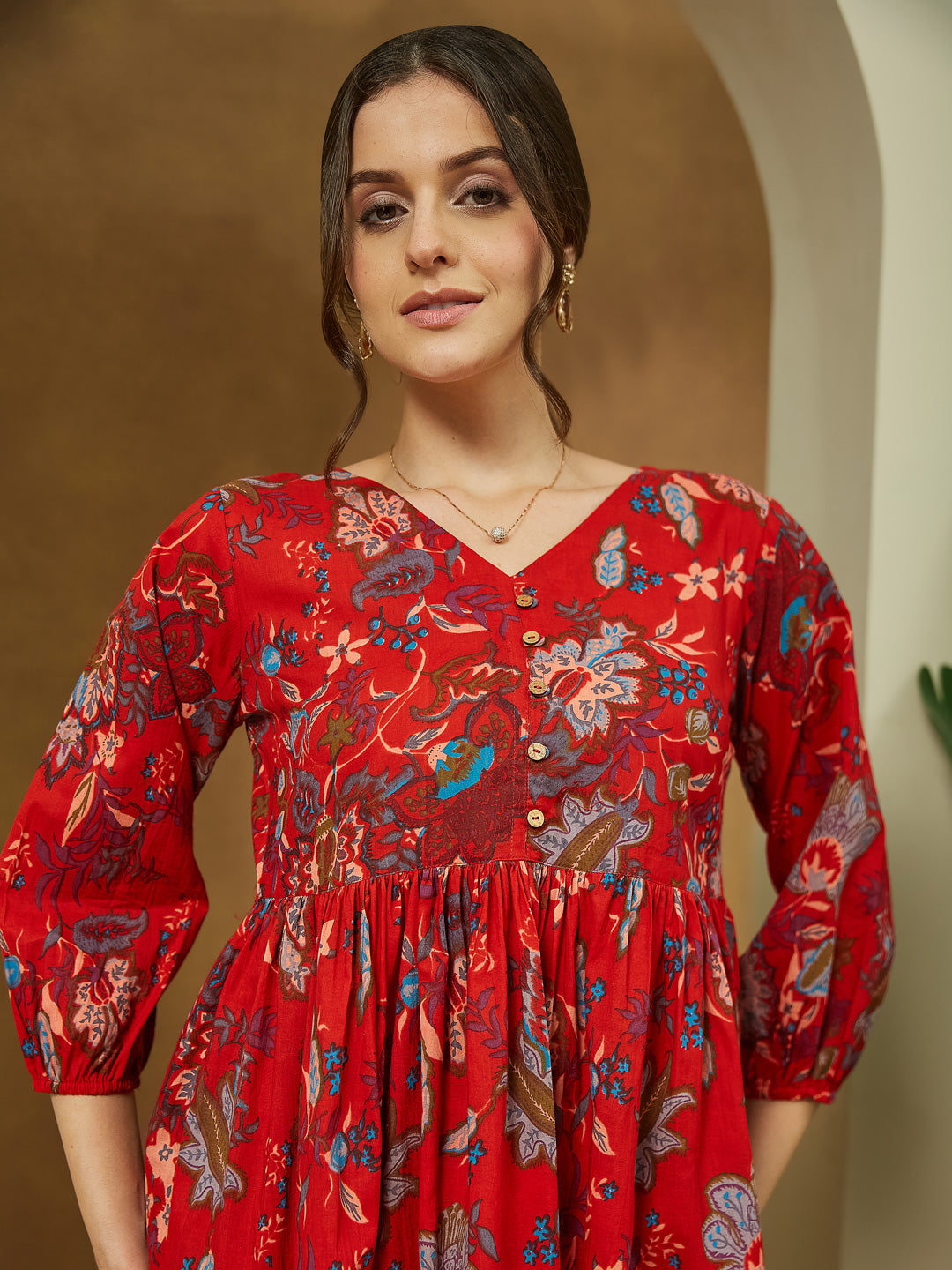 Ninnique Women's Red Pure Cotton Floral Printed Peplum Co-ord Set