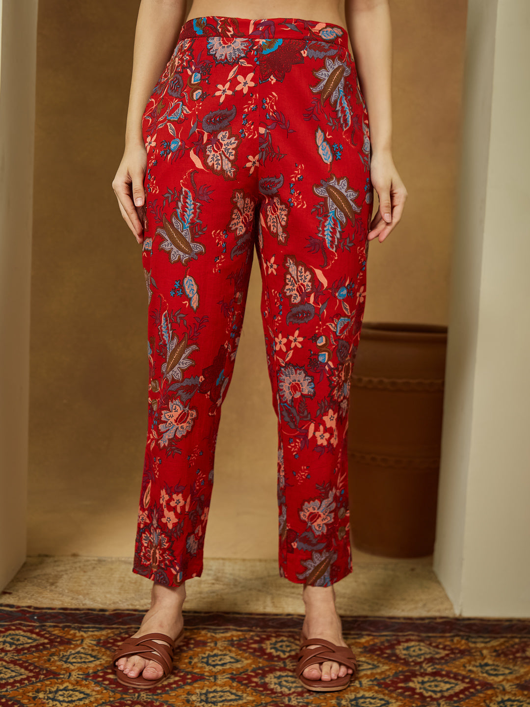 Ninnique Women's Red Pure Cotton Floral Printed Peplum Co-ord Set