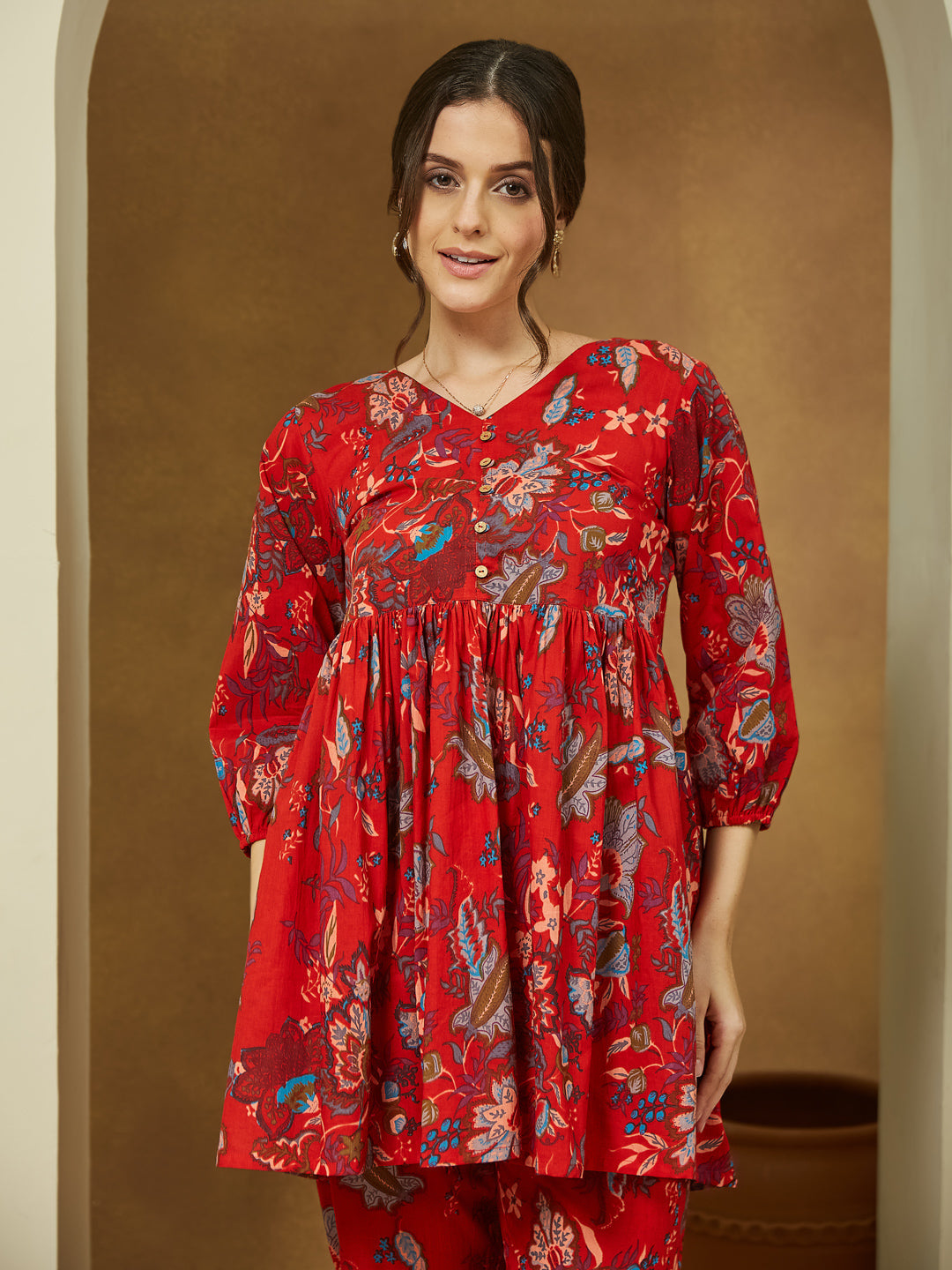 Ninnique Women's Red Pure Cotton Floral Printed Peplum Co-ord Set
