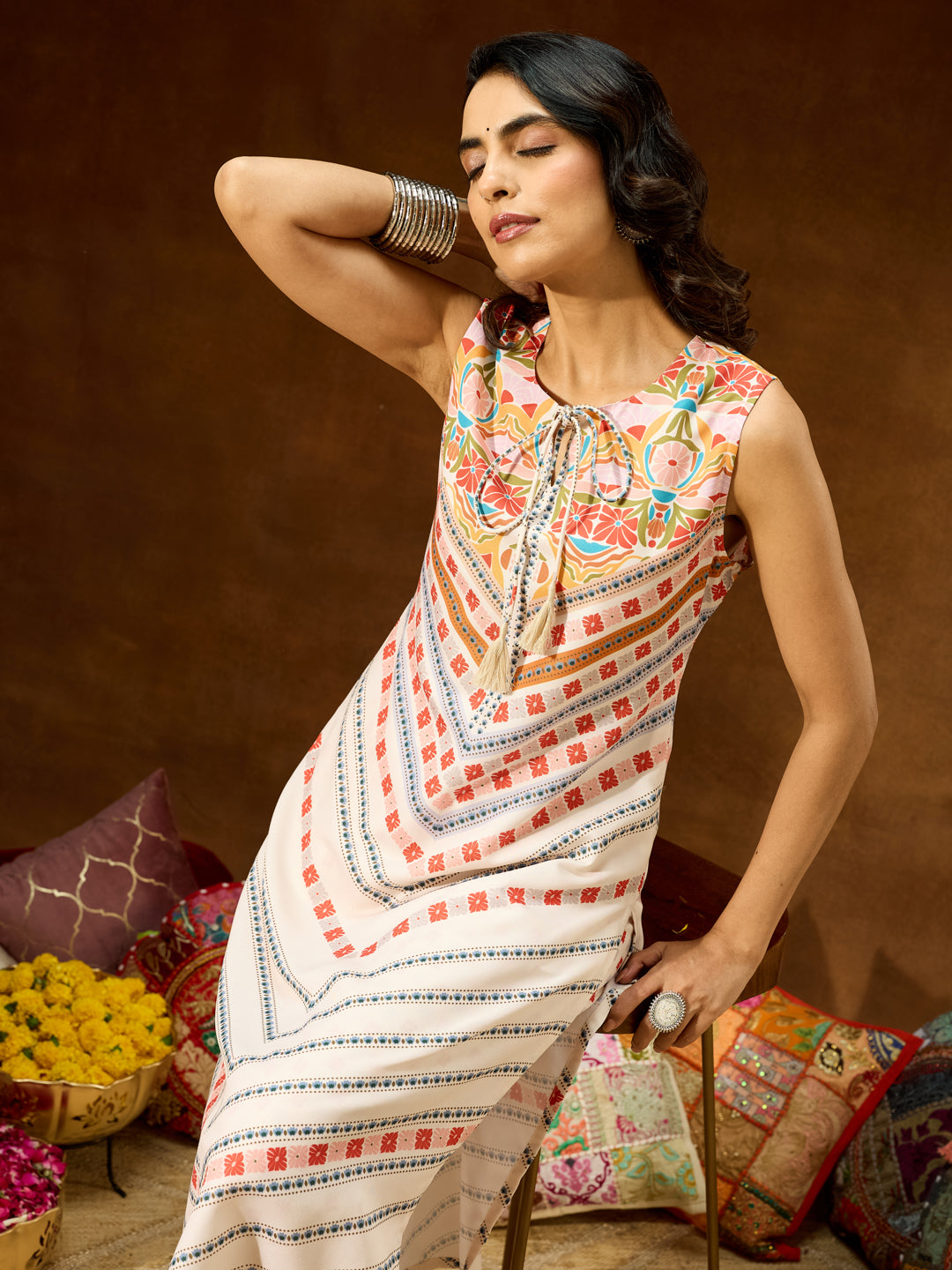 Ninnique Women's Cream Cotton Blend Floral Printed Straight Co-ord Set