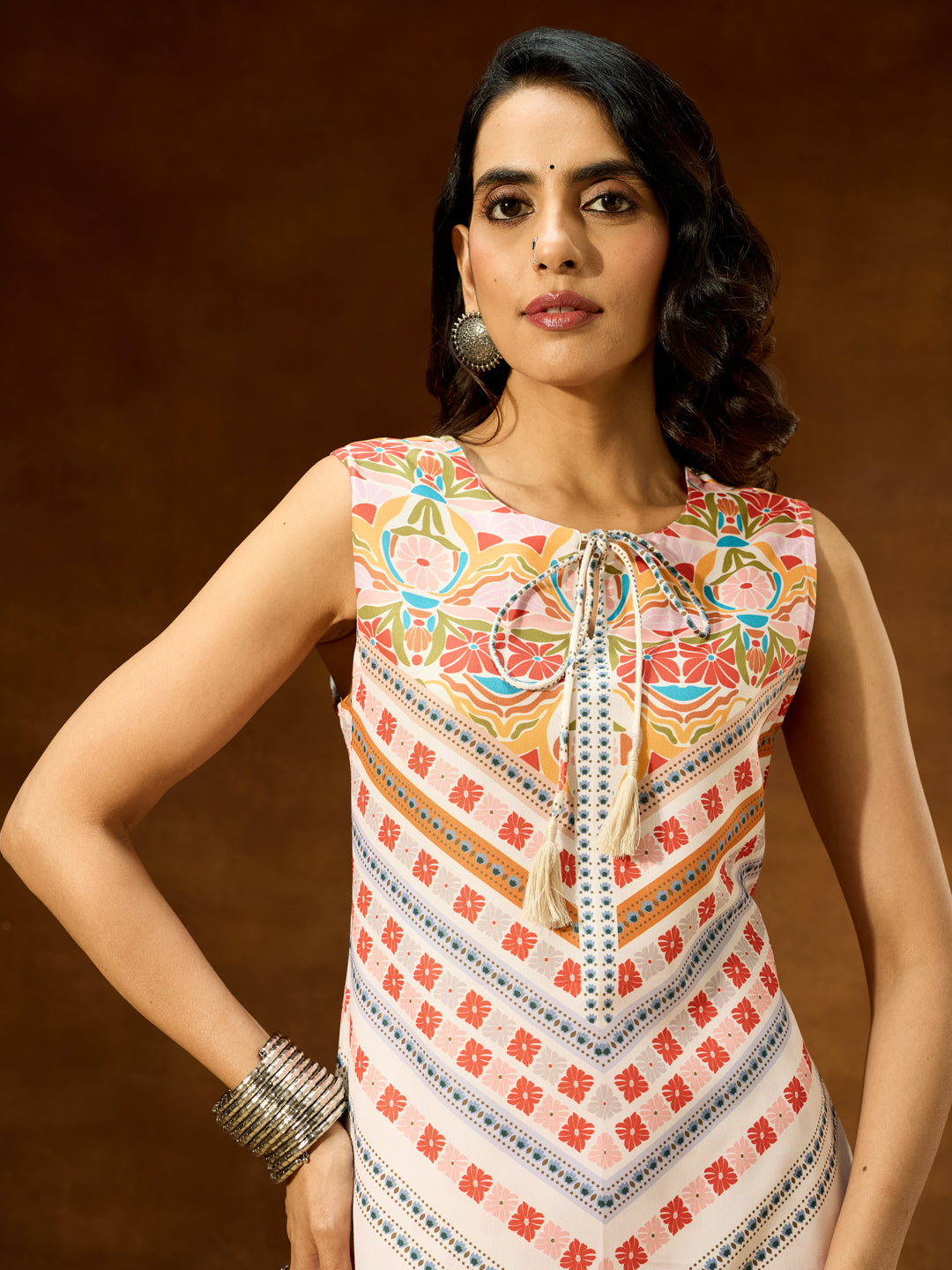 Ninnique Women's Cream Cotton Blend Floral Printed Straight Co-ord Set