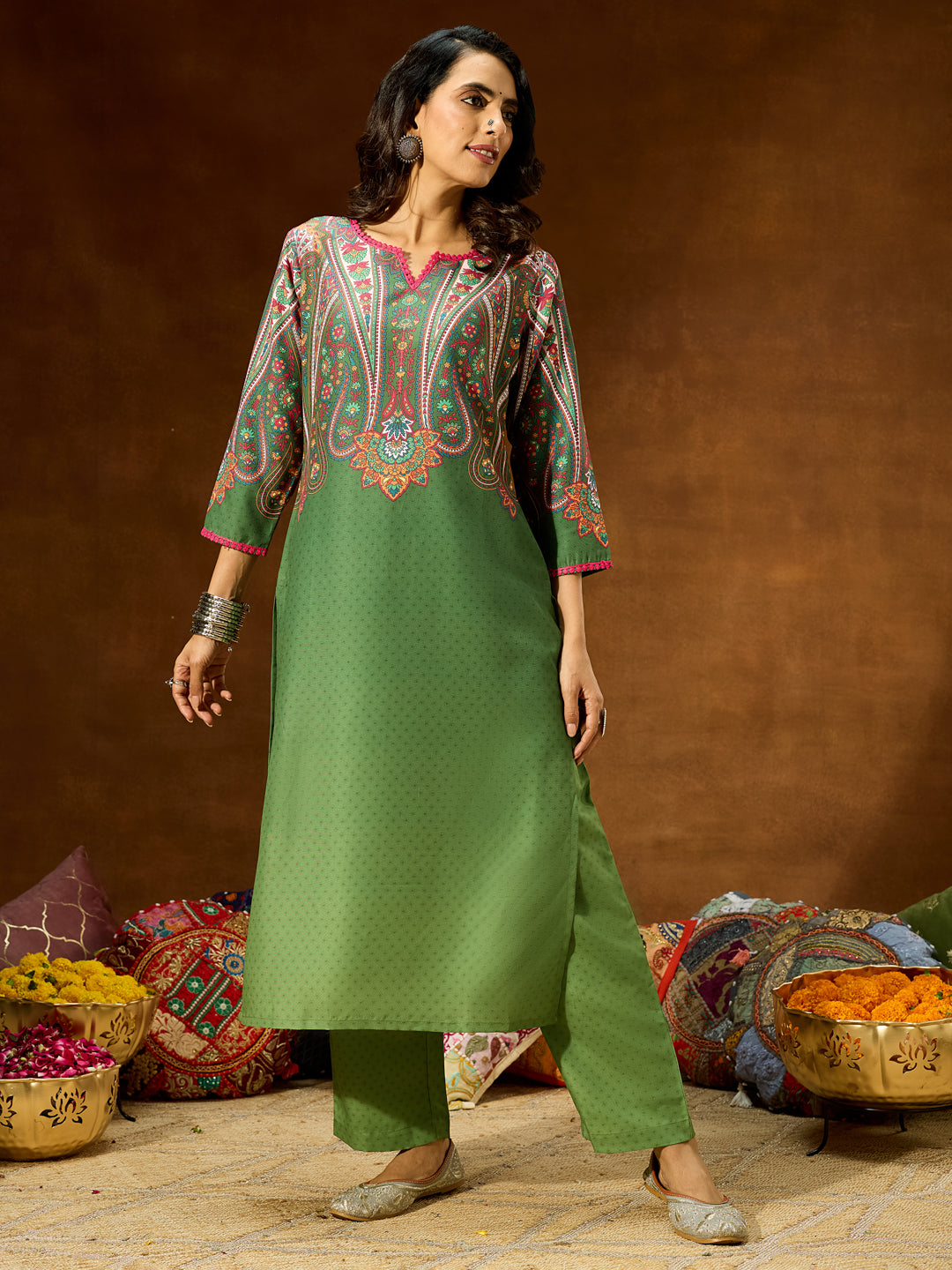 Ninnique Women's Green Cotton Blend Printed Straight Co-ord Set