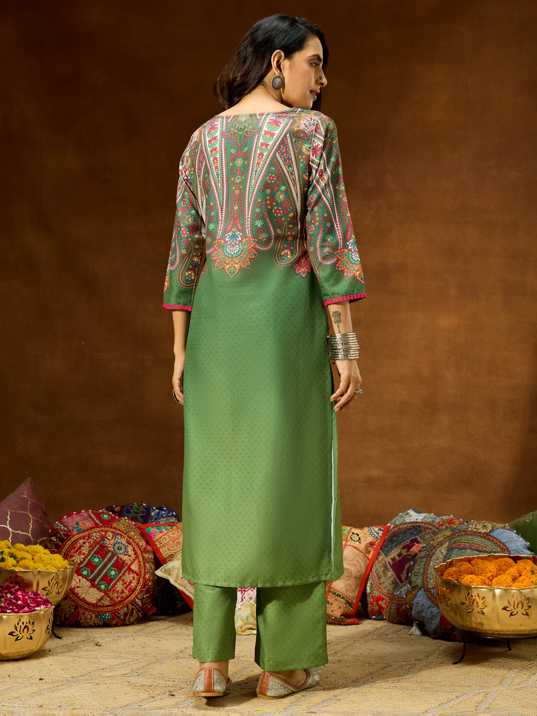 Ninnique Women's Green Cotton Blend Printed Straight Co-ord Set