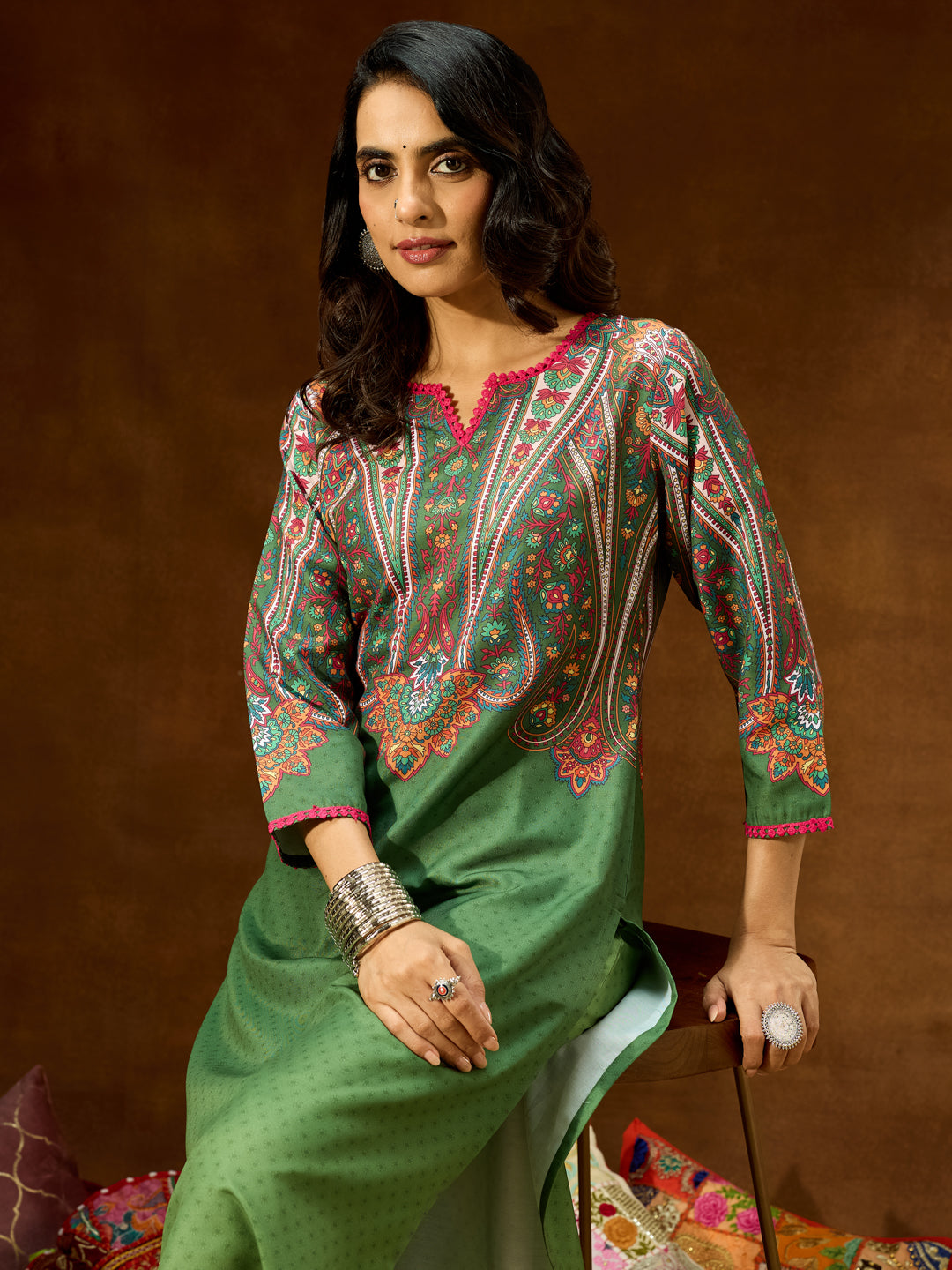 Ninnique Women's Green Cotton Blend Printed Straight Co-ord Set