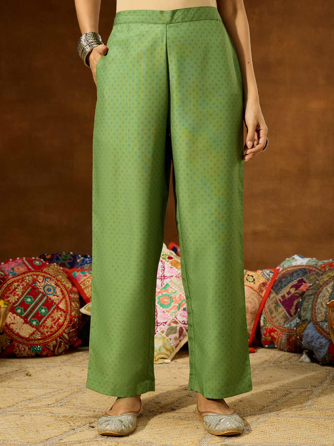 Ninnique Women's Green Cotton Blend Printed Straight Co-ord Set