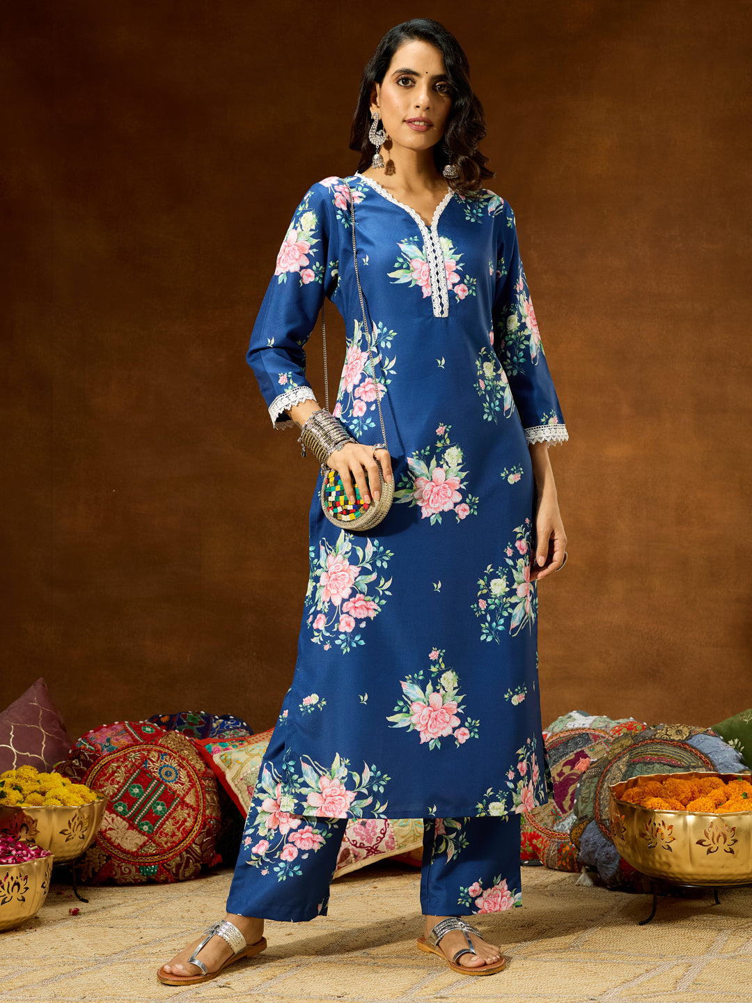 Ninnique Women's Purple Silk Blend Gold Printed Straight Kurta Set