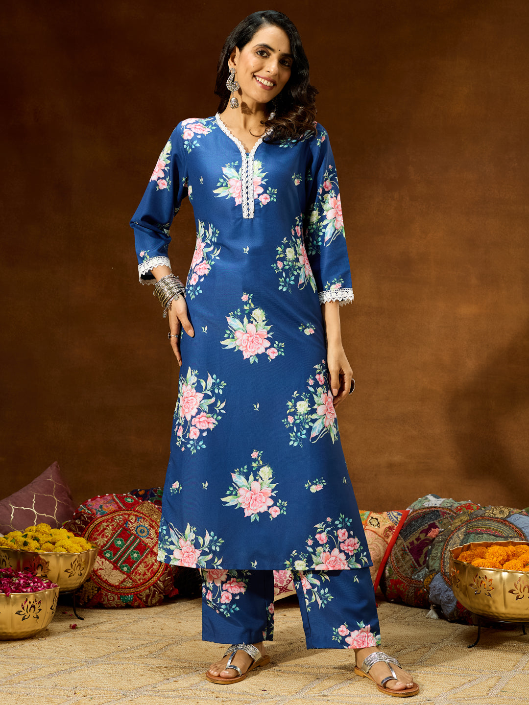 Ninnique Women's Blue Cotton Blend Floral Printed Straight Co-ord Set