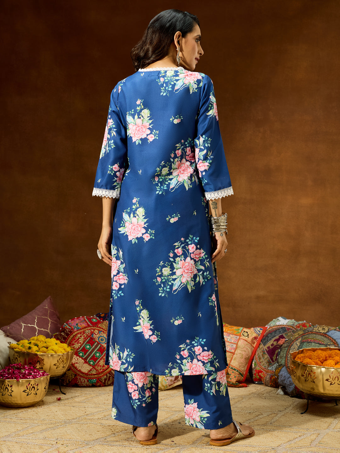 Ninnique Women's Blue Cotton Blend Floral Printed Straight Co-ord Set