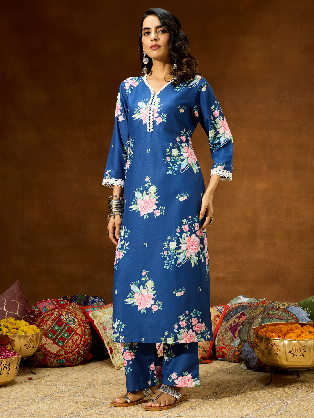 Ninnique Women's Blue Cotton Blend Floral Printed Straight Co-ord Set