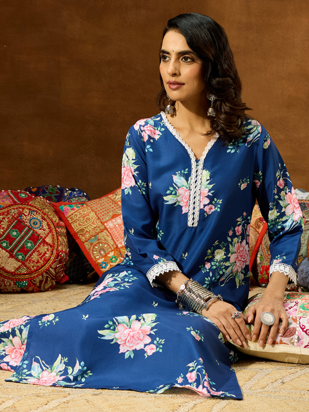 Ninnique Women's Blue Cotton Blend Floral Printed Straight Co-ord Set