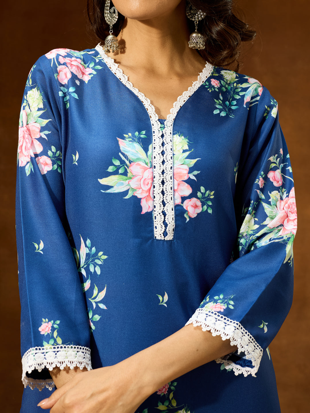 Ninnique Women's Blue Cotton Blend Floral Printed Straight Co-ord Set