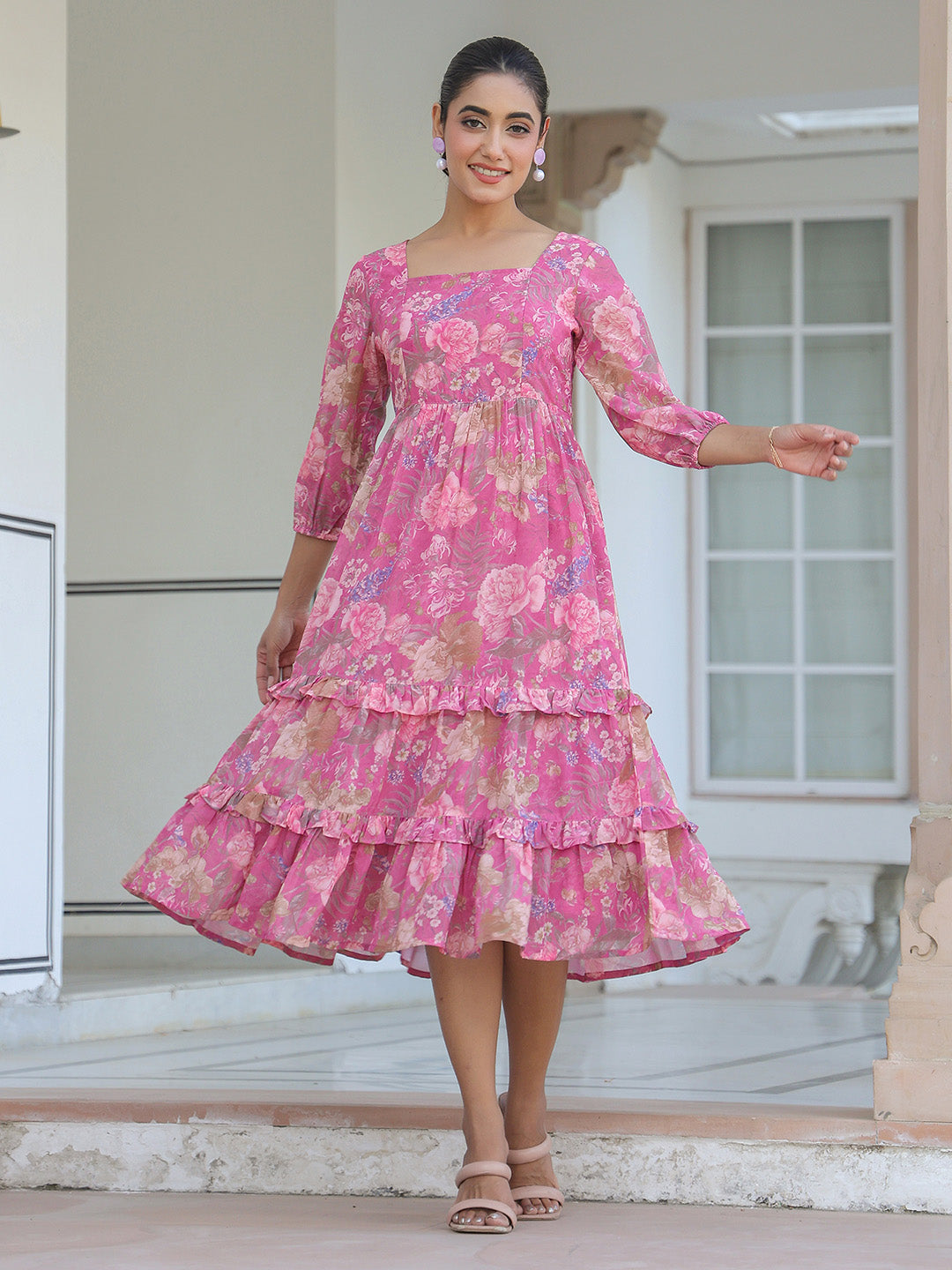 Pink Georgette Floral Printed Tiered Dress