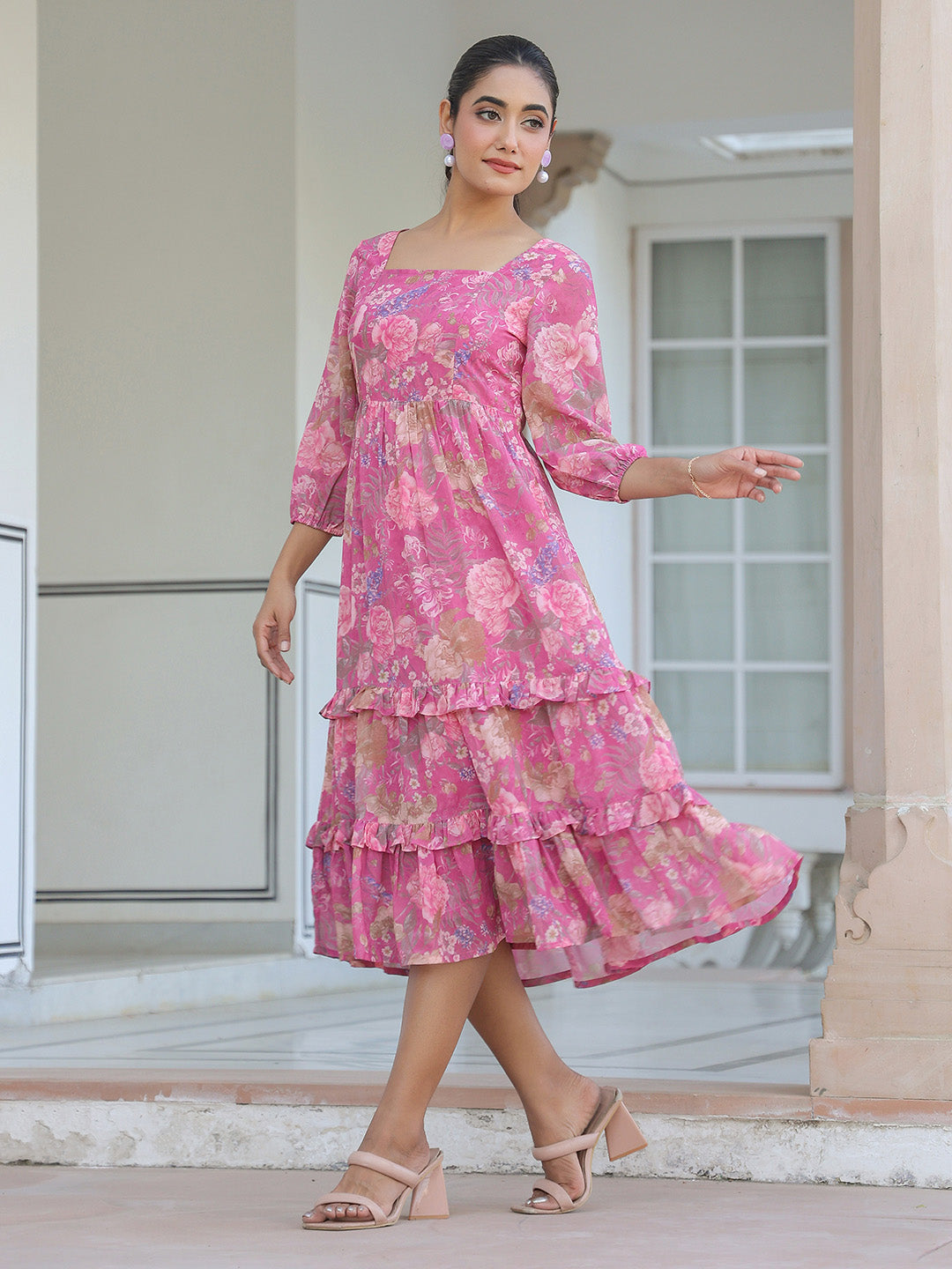 Pink Georgette Floral Printed Tiered Dress