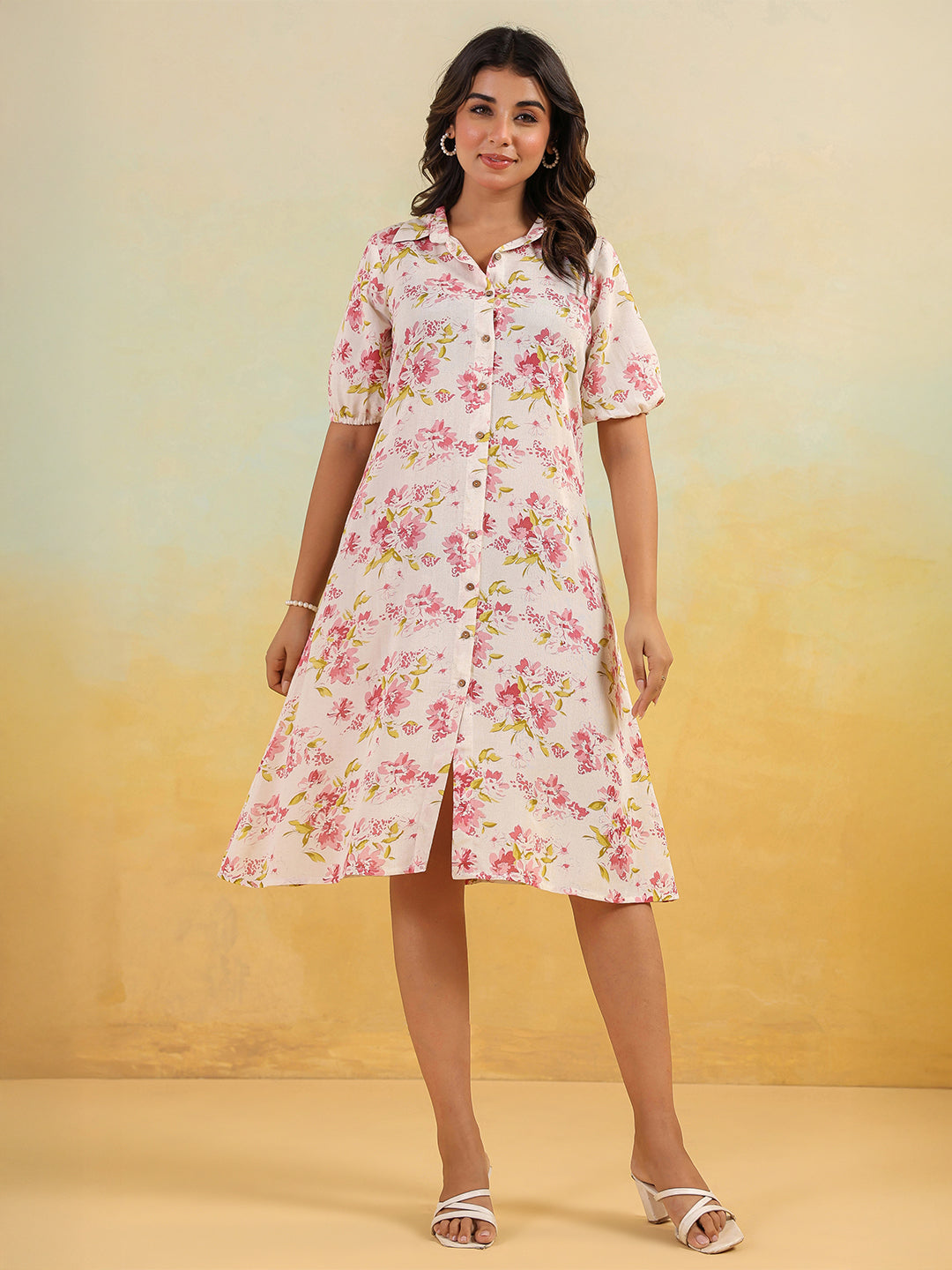 Ninnique Women's Off White Linen Cotton Floral Printed A-line Button Down Shirt Dress