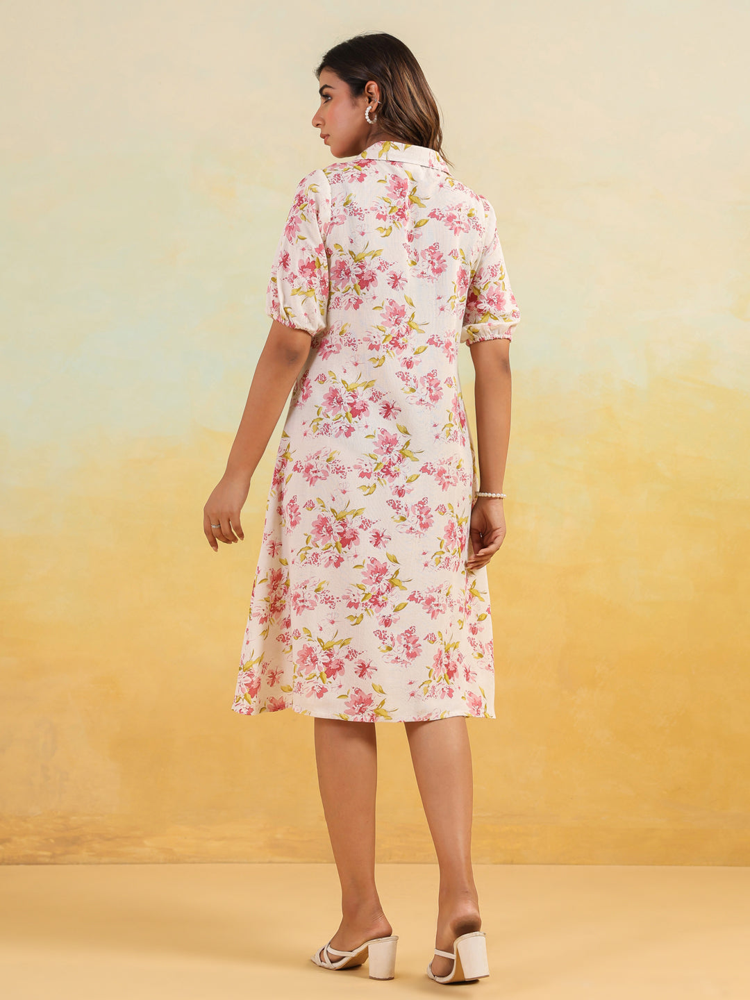 Ninnique Women's Off White Linen Cotton Floral Printed A-line Button Down Shirt Dress