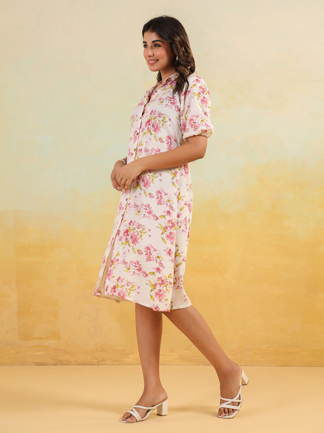 Ninnique Women's Off White Linen Cotton Floral Printed A-line Button Down Shirt Dress