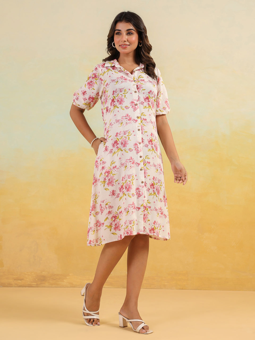 Ninnique Women's Off White Linen Cotton Floral Printed A-line Button Down Shirt Dress