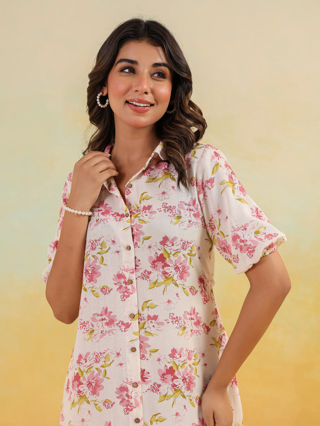 Ninnique Women's Off White Linen Cotton Floral Printed A-line Button Down Shirt Dress