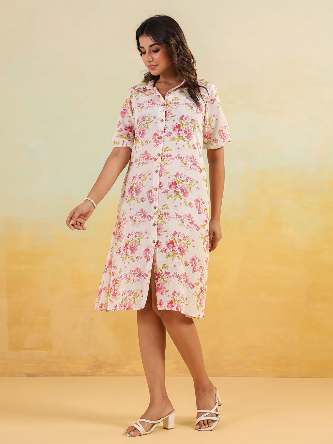 Ninnique Women's Off White Linen Cotton Floral Printed A-line Button Down Shirt Dress