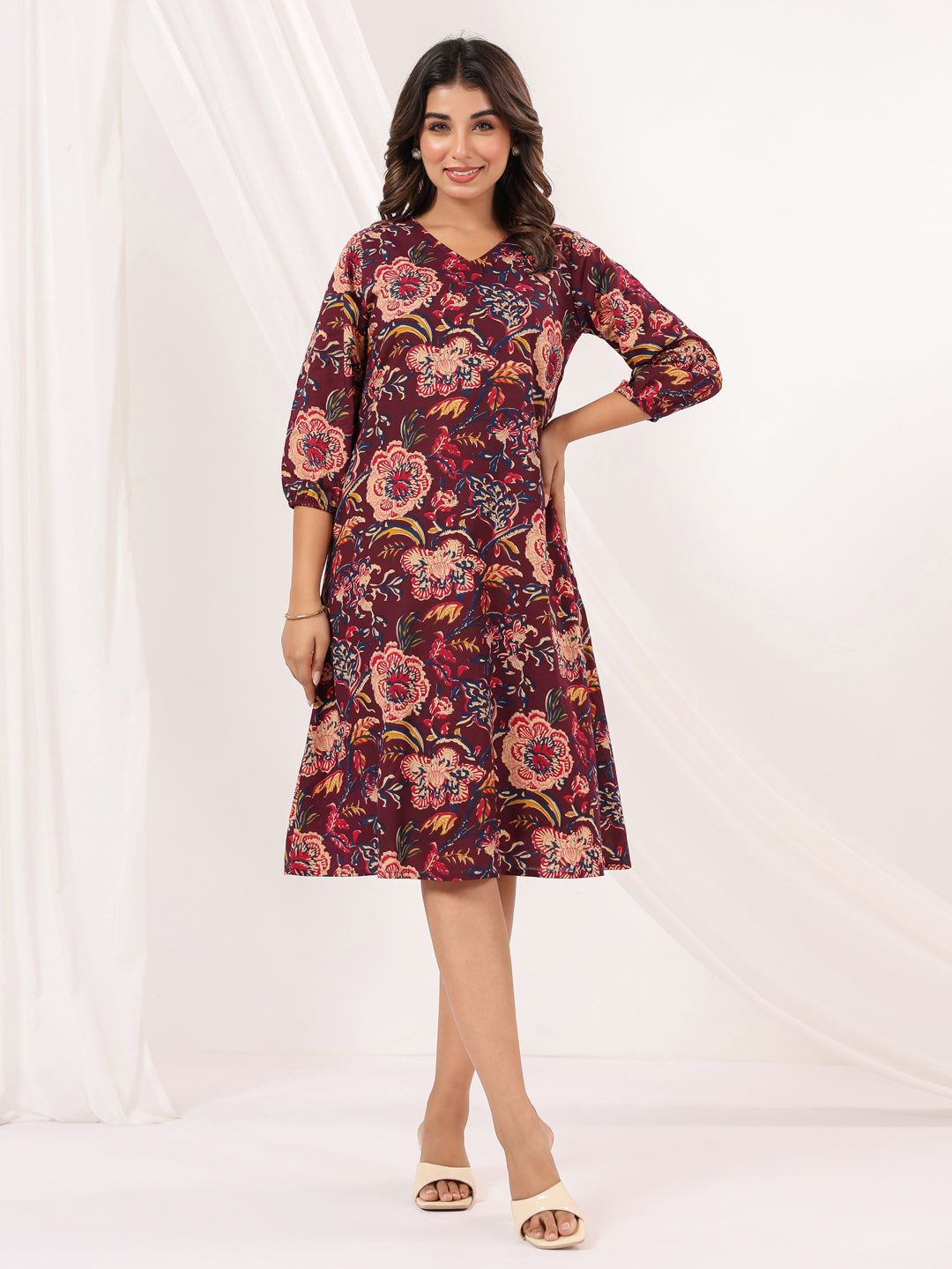 Ninnique Women's Wine Pure Cotton Floral Peinted A-line Dress