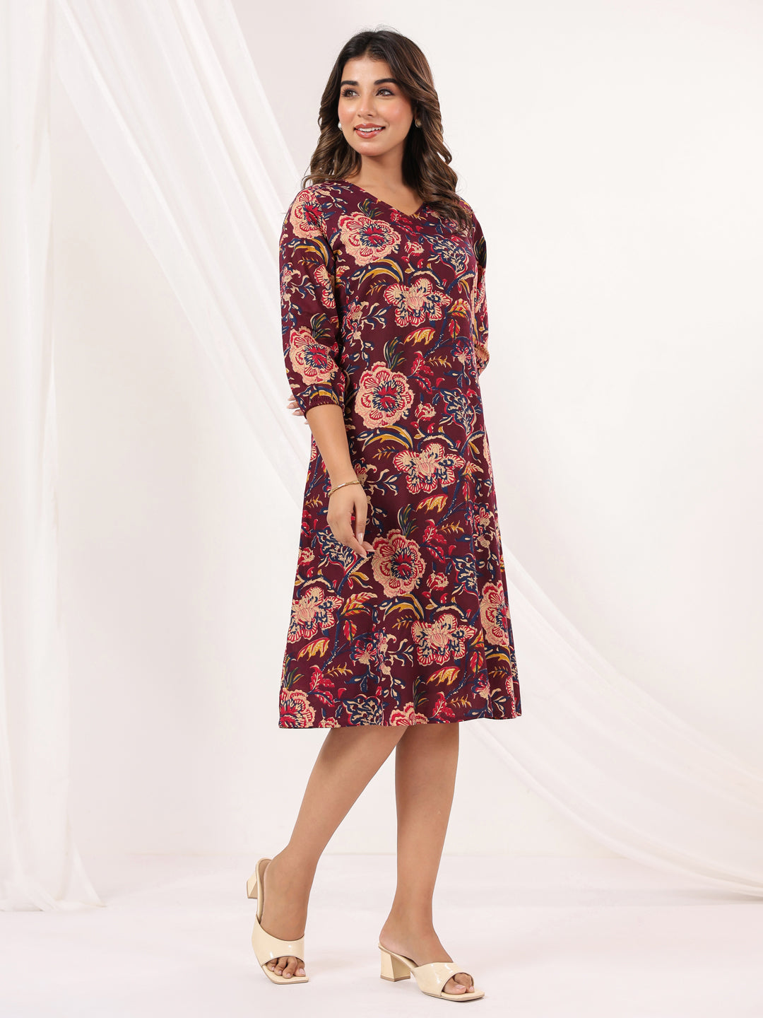 Ninnique Women's Wine Pure Cotton Floral Peinted A-line Dress