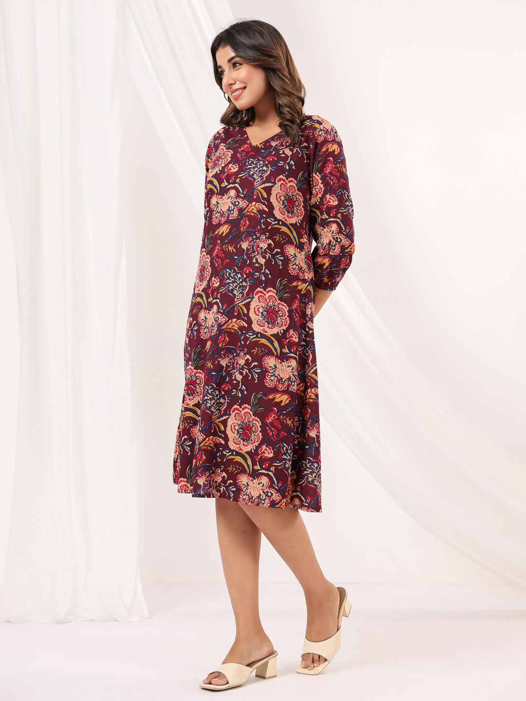 Ninnique Women's Wine Pure Cotton Floral Peinted A-line Dress