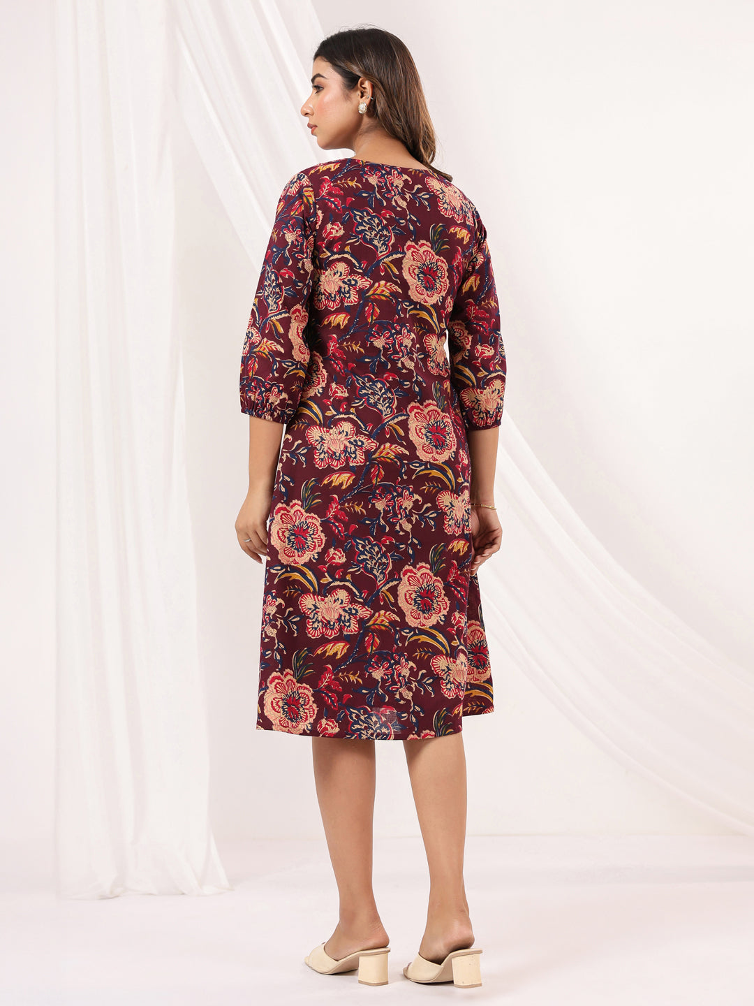 Ninnique Women's Wine Pure Cotton Floral Peinted A-line Dress