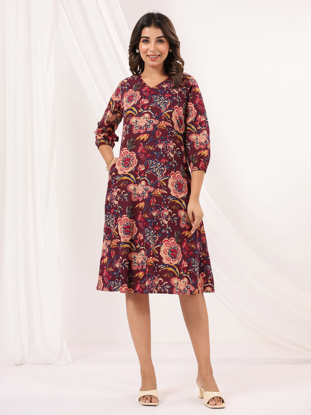 Ninnique Women's Wine Pure Cotton Floral Peinted A-line Dress