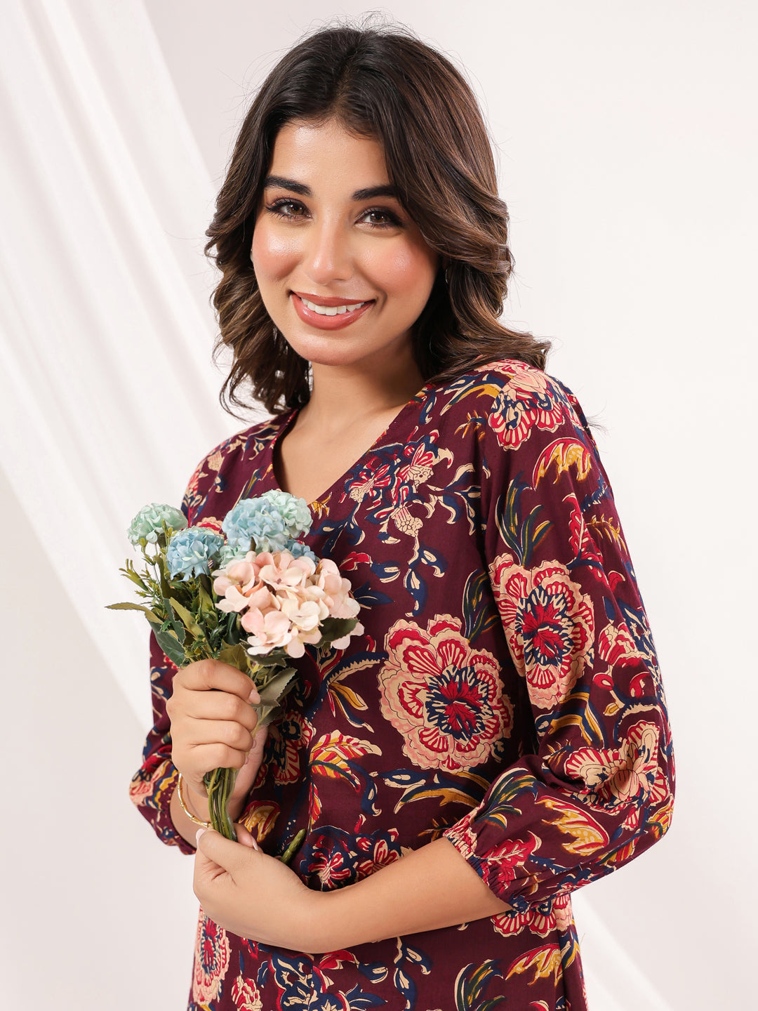 Ninnique Women's Wine Pure Cotton Floral Peinted A-line Dress