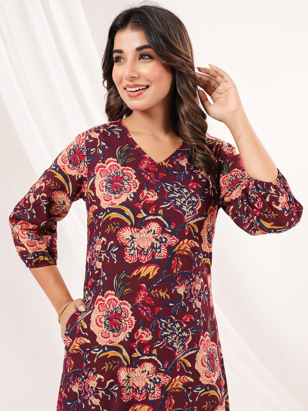 Ninnique Women's Wine Pure Cotton Floral Peinted A-line Dress