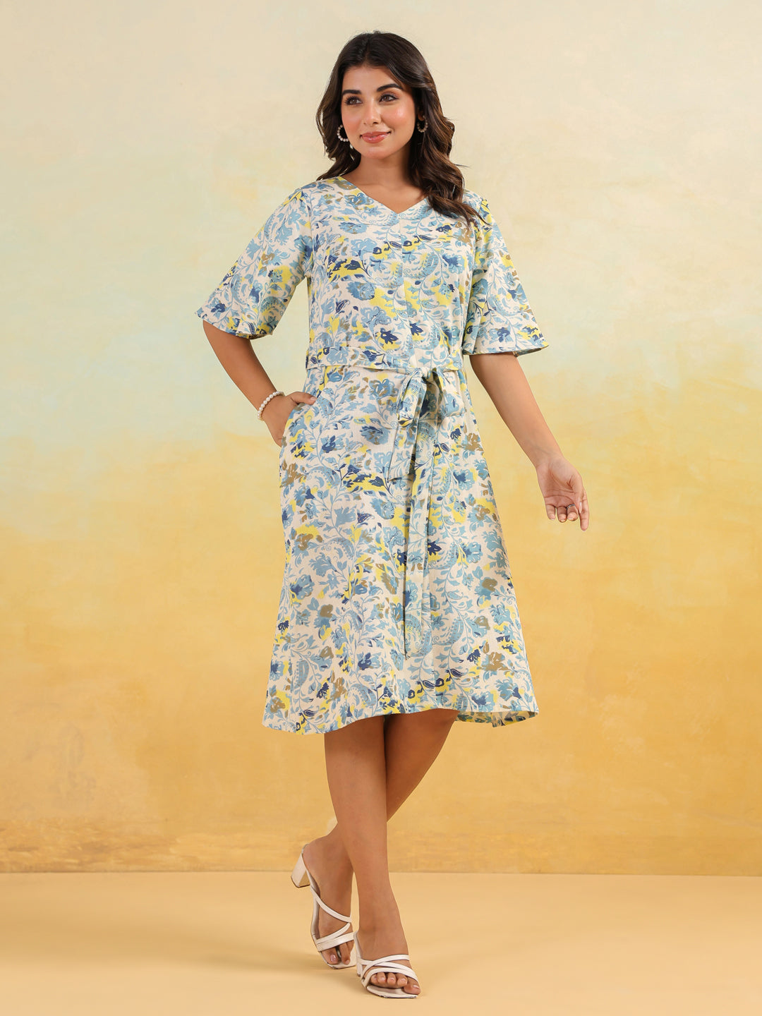 Ninnique Women's Off White Linen Cotton Floral Printed A-line Dress