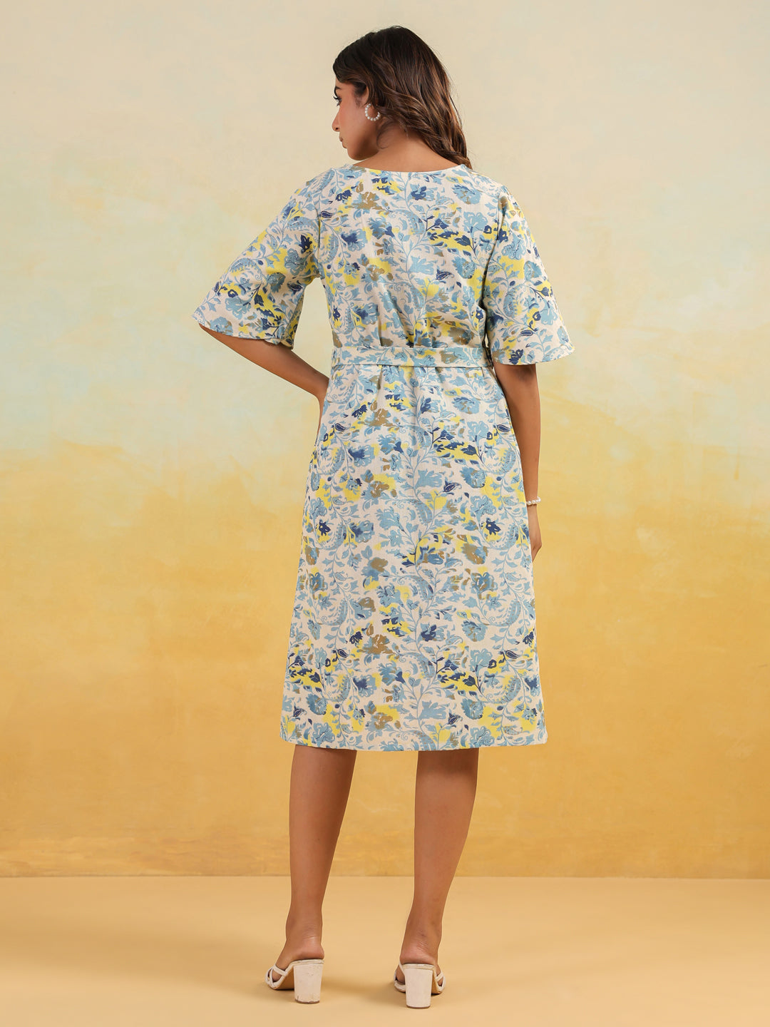 Ninnique Women's Off White Linen Cotton Floral Printed A-line Dress
