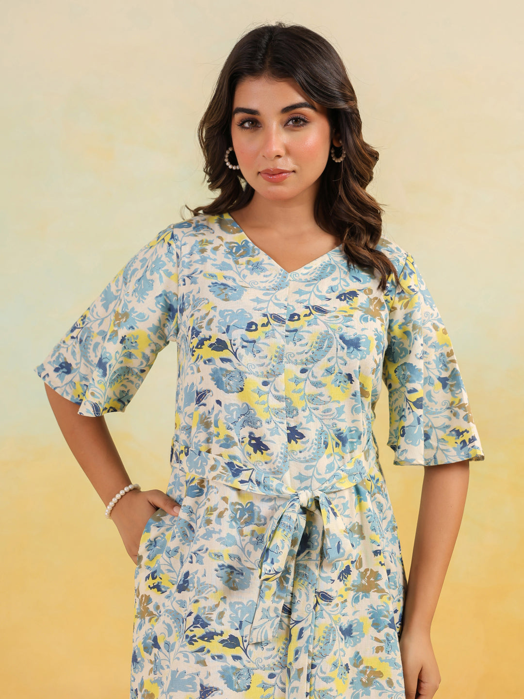 Ninnique Women's Off White Linen Cotton Floral Printed A-line Dress