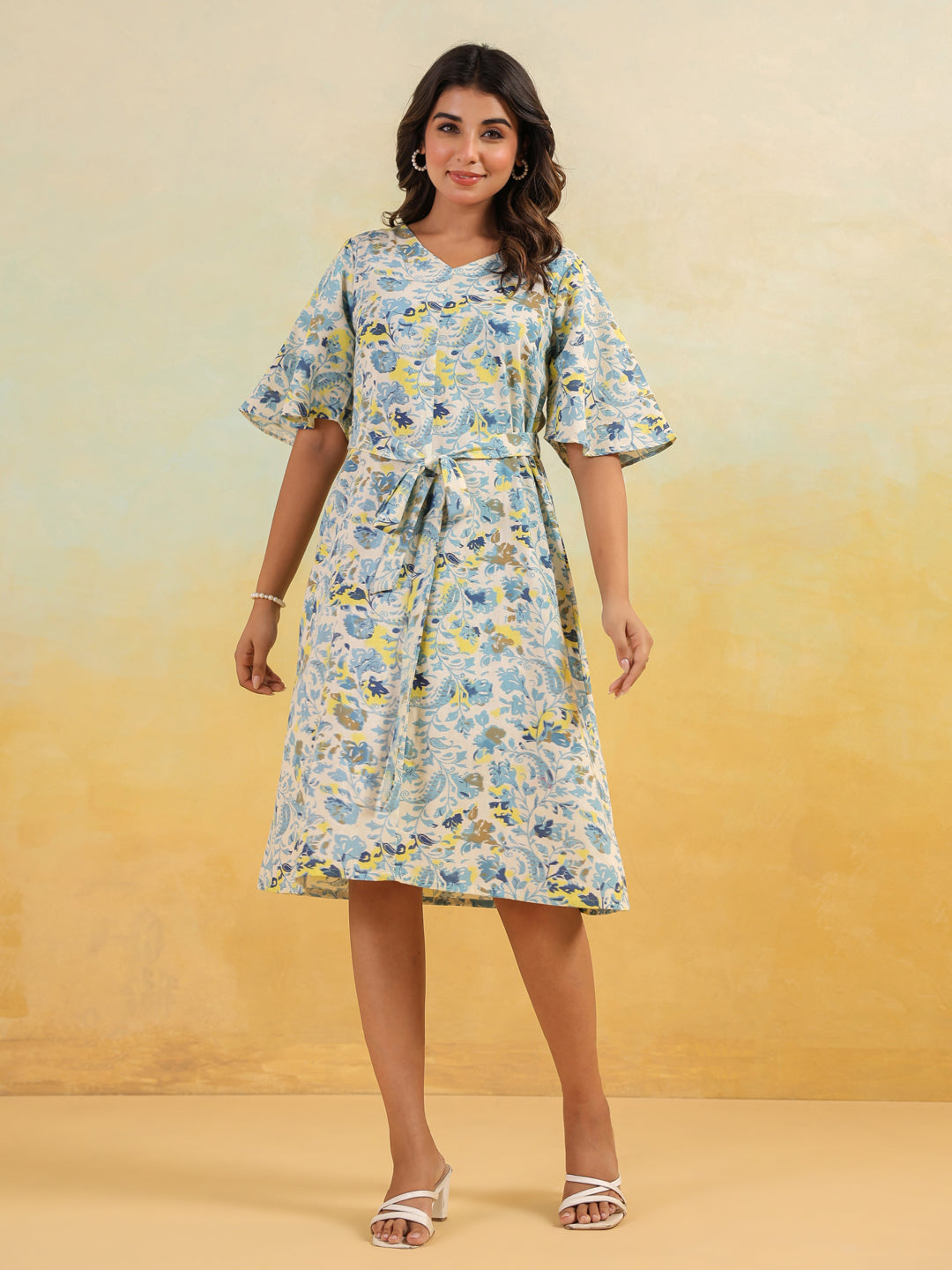 Ninnique Women's Off White Linen Cotton Floral Printed A-line Dress