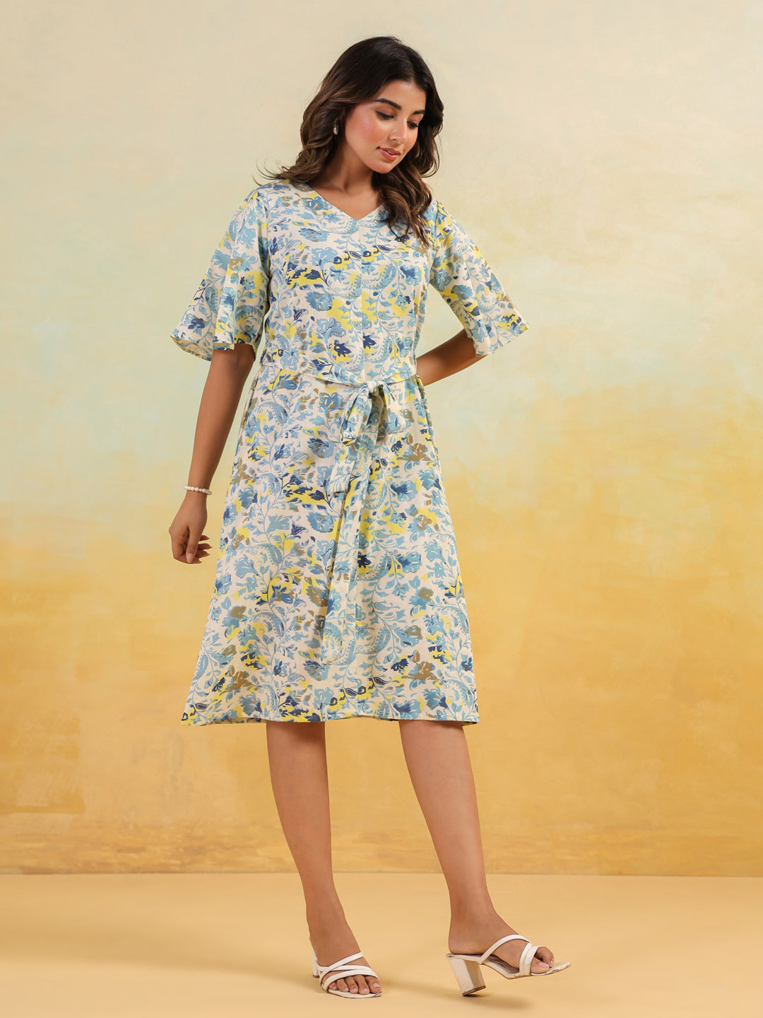 Ninnique Women's Off White Linen Cotton Floral Printed A-line Dress