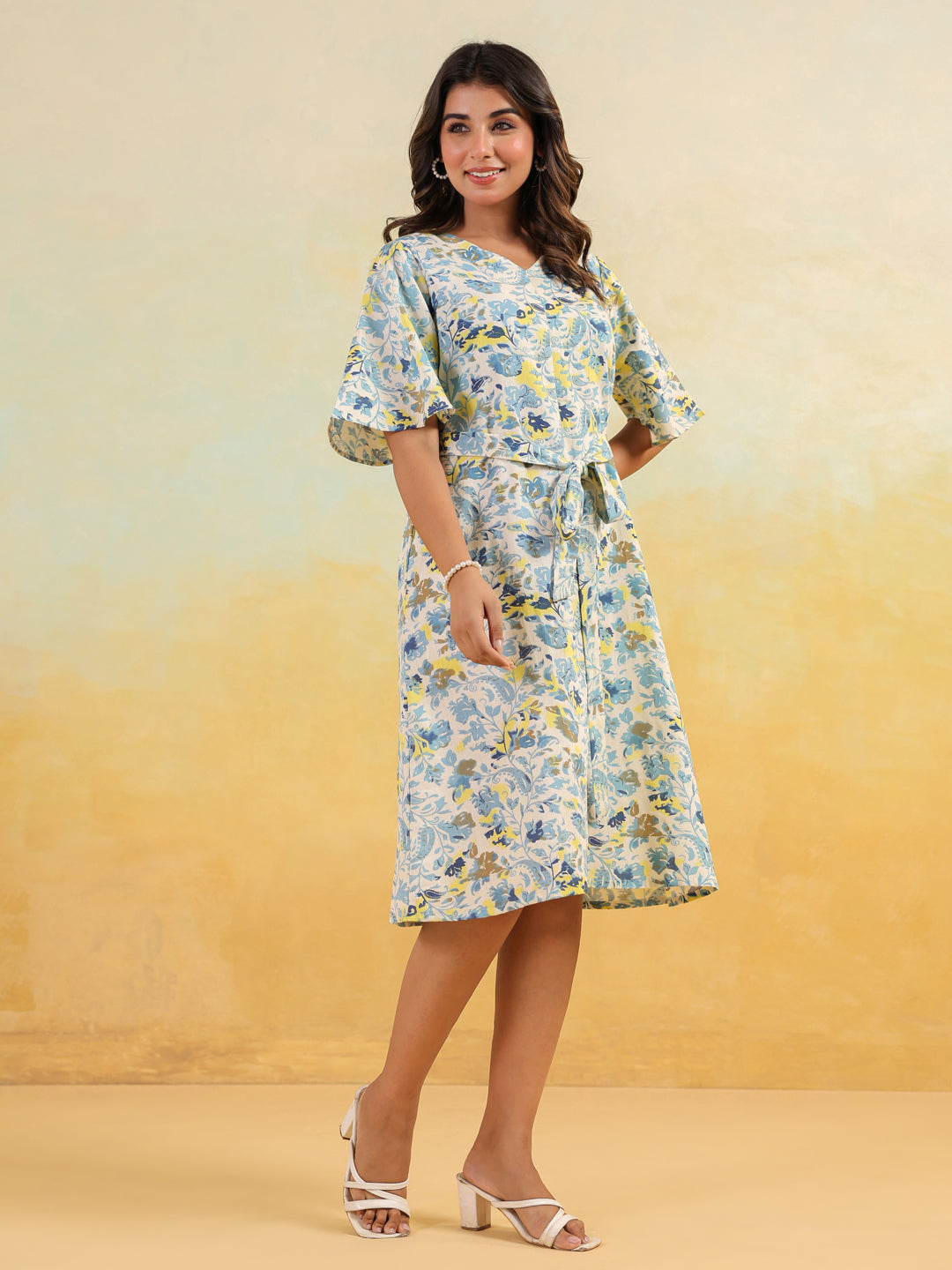Ninnique Women's Off White Linen Cotton Floral Printed A-line Dress