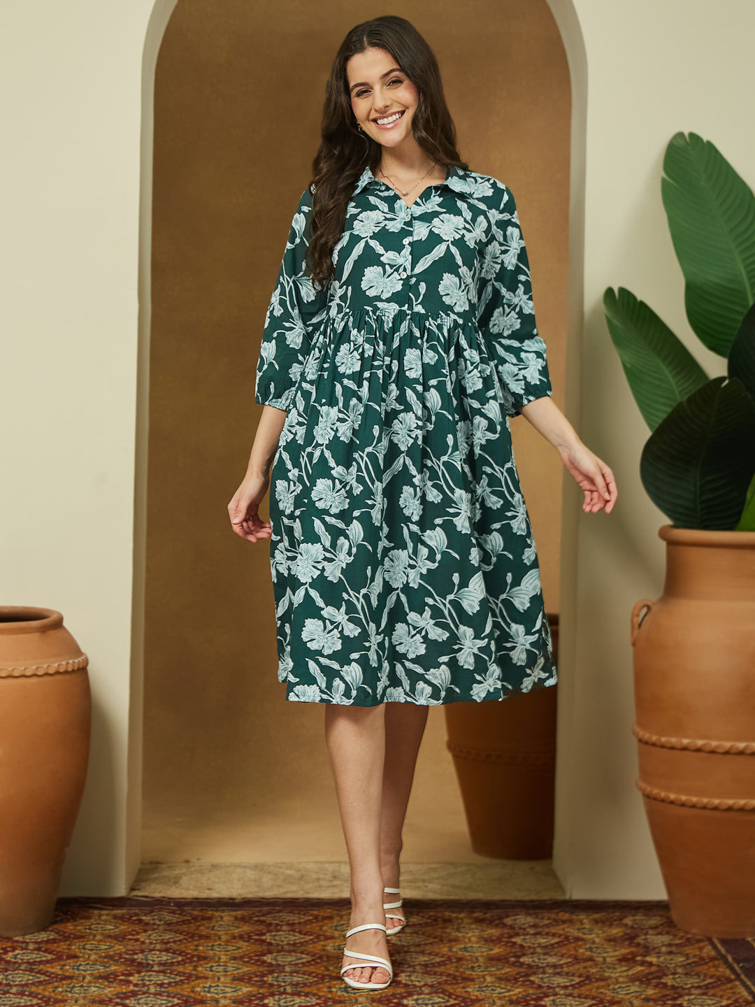Ninnique Women's Green Pure Cotton Floral Printed Fit & Flare Dress