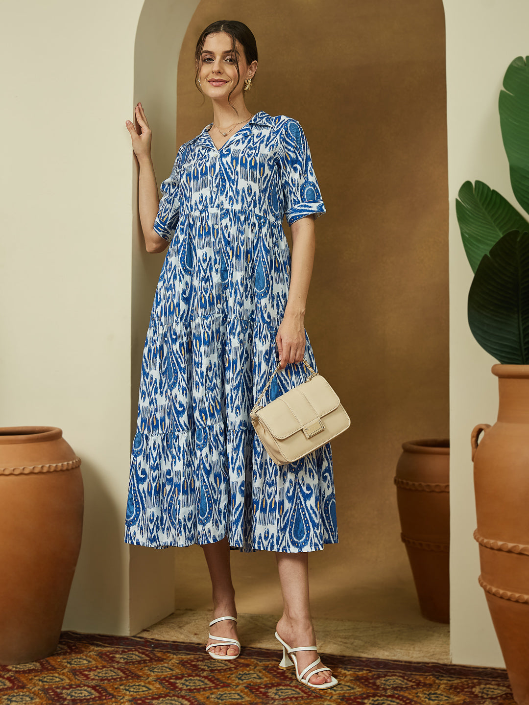 Ninnique Women's Indigo Blue Linen Cotton Ikkat Printed Tiered Dress