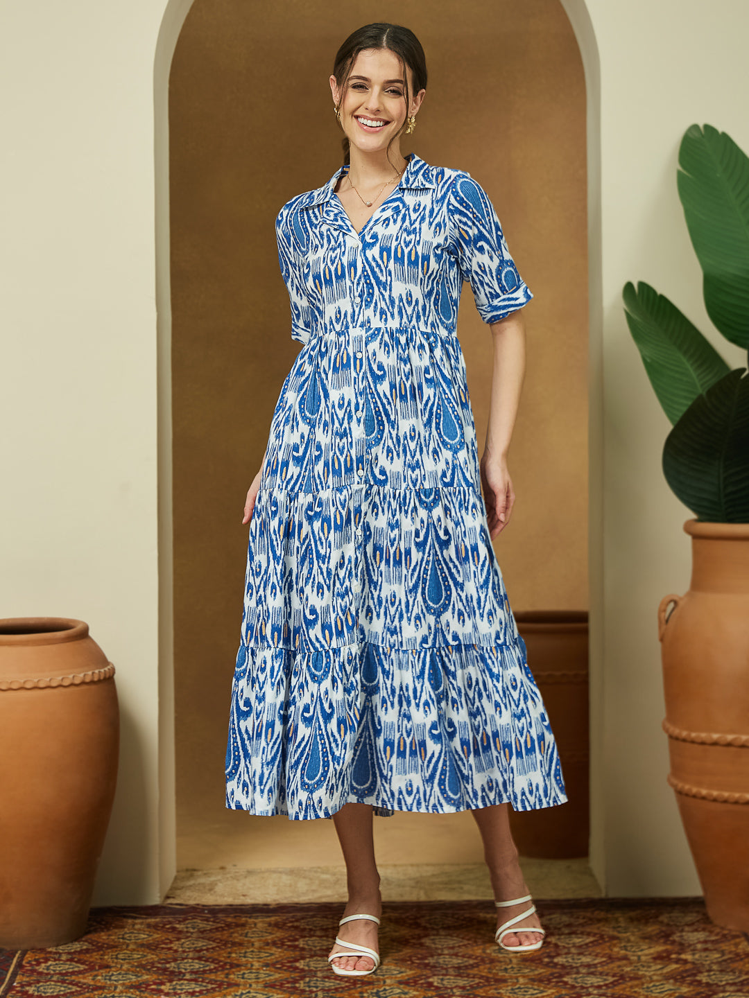 Ninnique Women's Indigo Blue Linen Cotton Ikkat Printed Tiered Dress