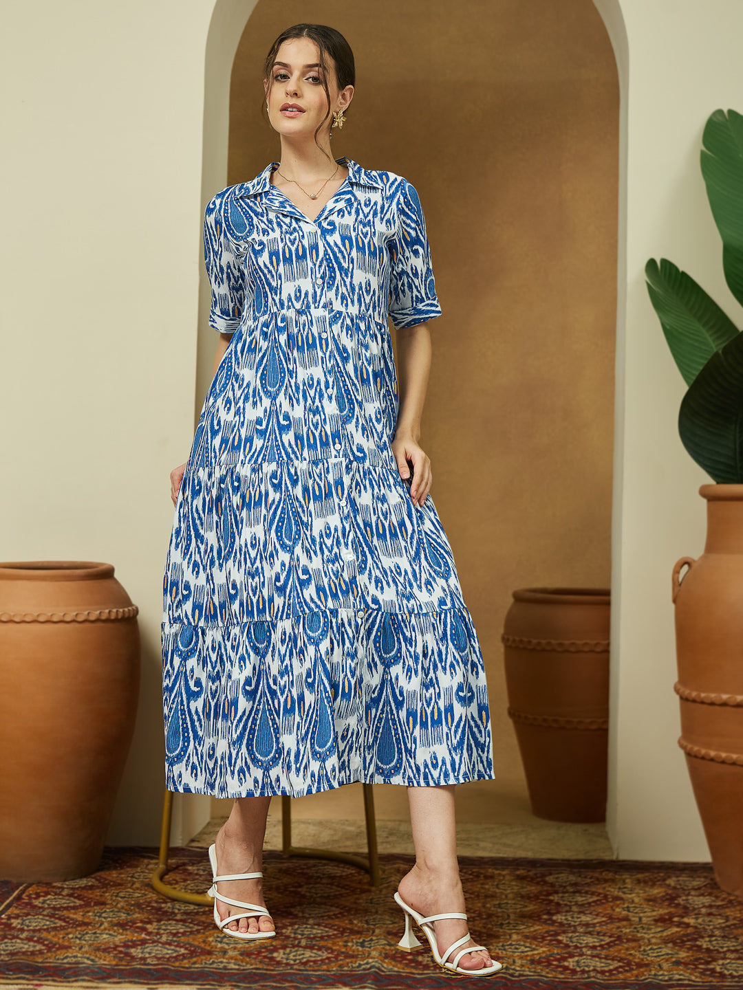 Ninnique Women's Indigo Blue Linen Cotton Ikkat Printed Tiered Dress