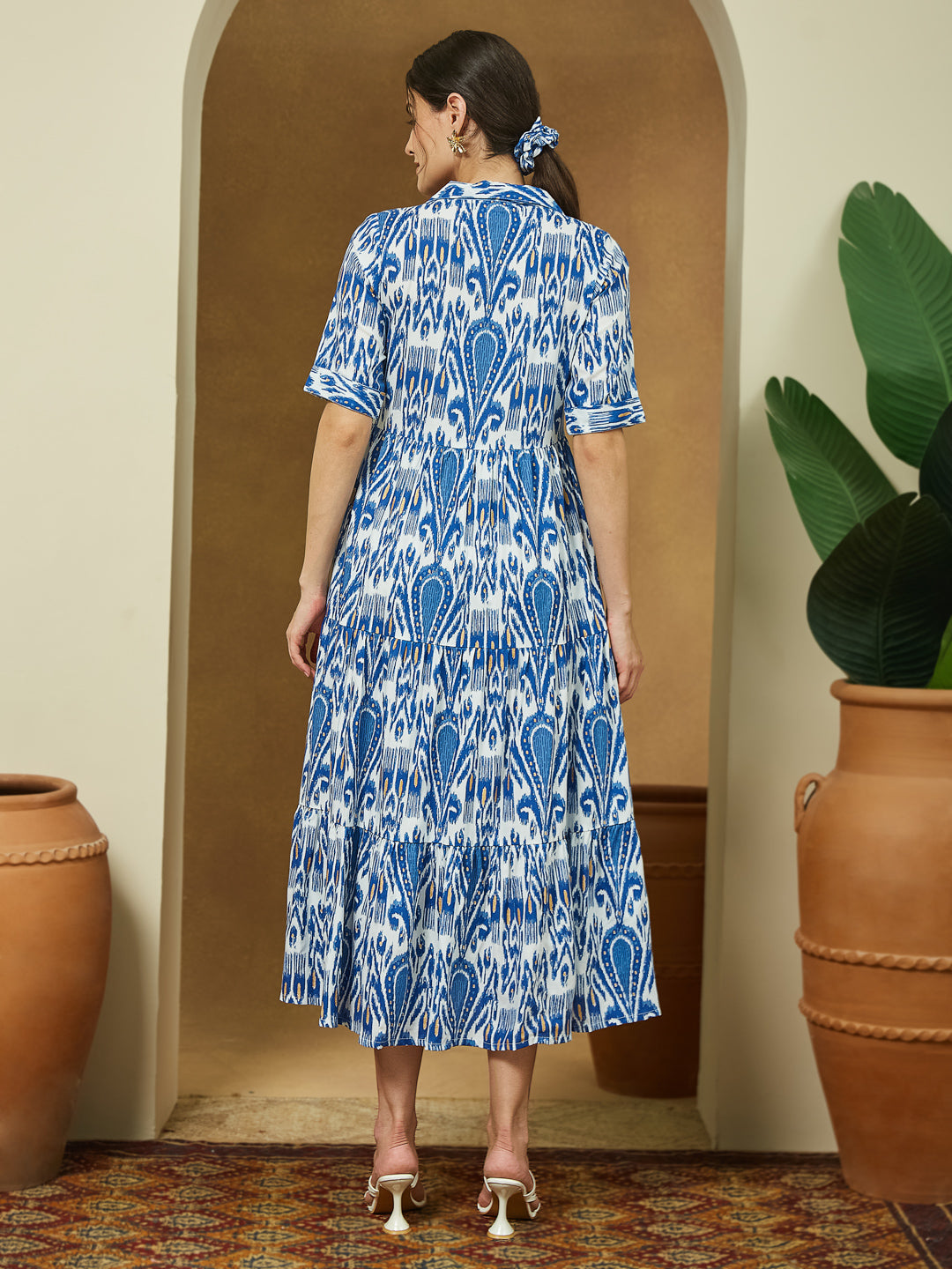 Ninnique Women's Indigo Blue Linen Cotton Ikkat Printed Tiered Dress