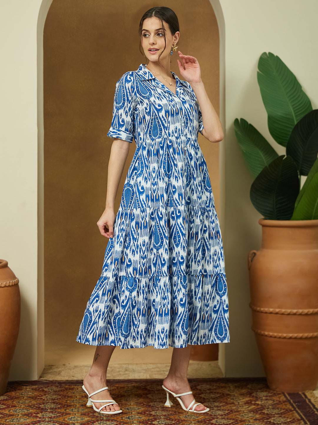 Ninnique Women's Indigo Blue Linen Cotton Ikkat Printed Tiered Dress