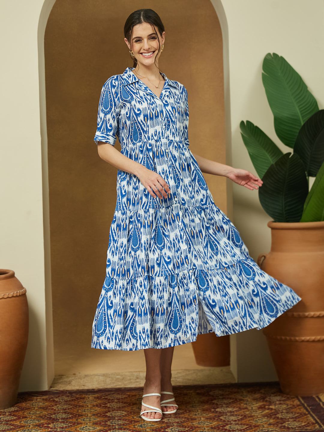 Ninnique Women's Indigo Blue Linen Cotton Ikkat Printed Tiered Dress